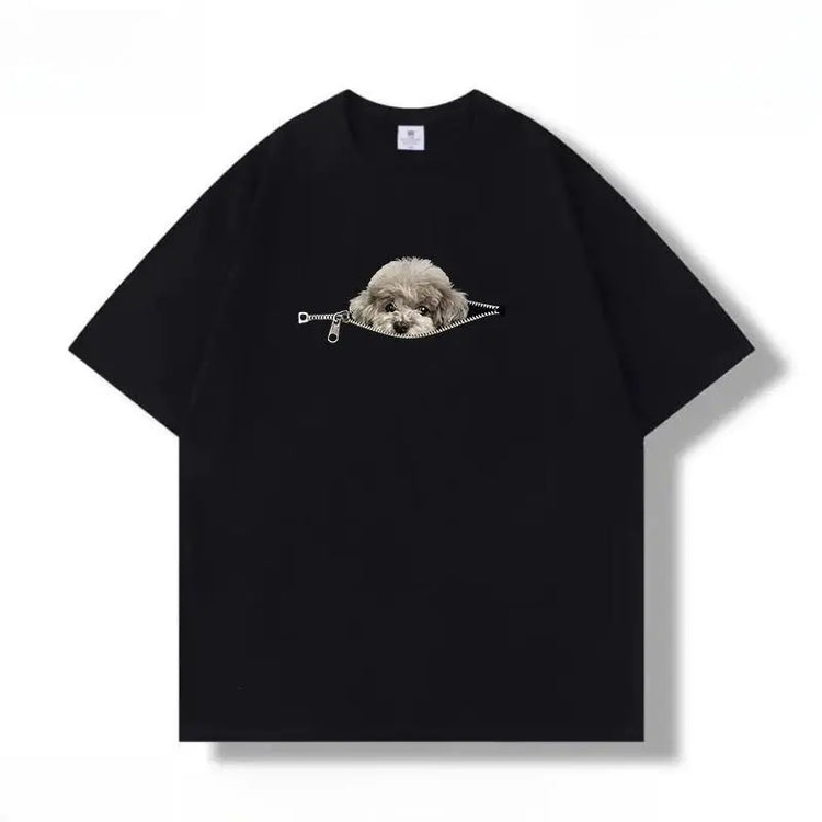 Plus-size cotton zip-up T-shirt featuring a black Shiba Inu dog print, casual summer style for couples by Dropshipman.