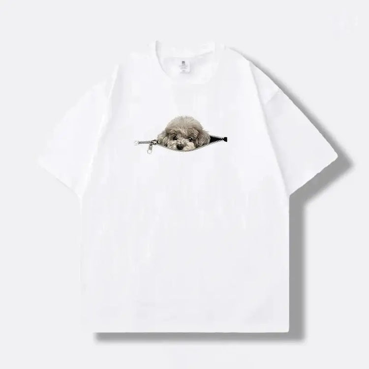 Plus-size black cotton zip-up T-shirt with a dog print, casual summer style, ideal for couples by Dropshipman.