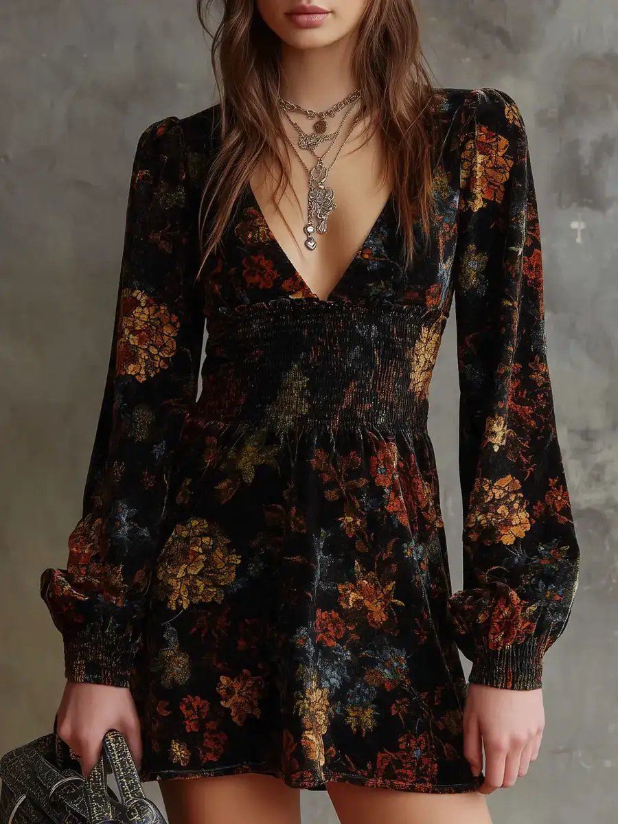 Retro Floral Print Pleated Waist Velvet Mini Dress by Dropshipman
