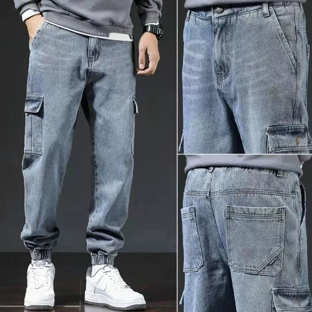 Blue Japanese style workwear jeans with multiple pockets, suitable for spring and autumn, by Dropshipman.