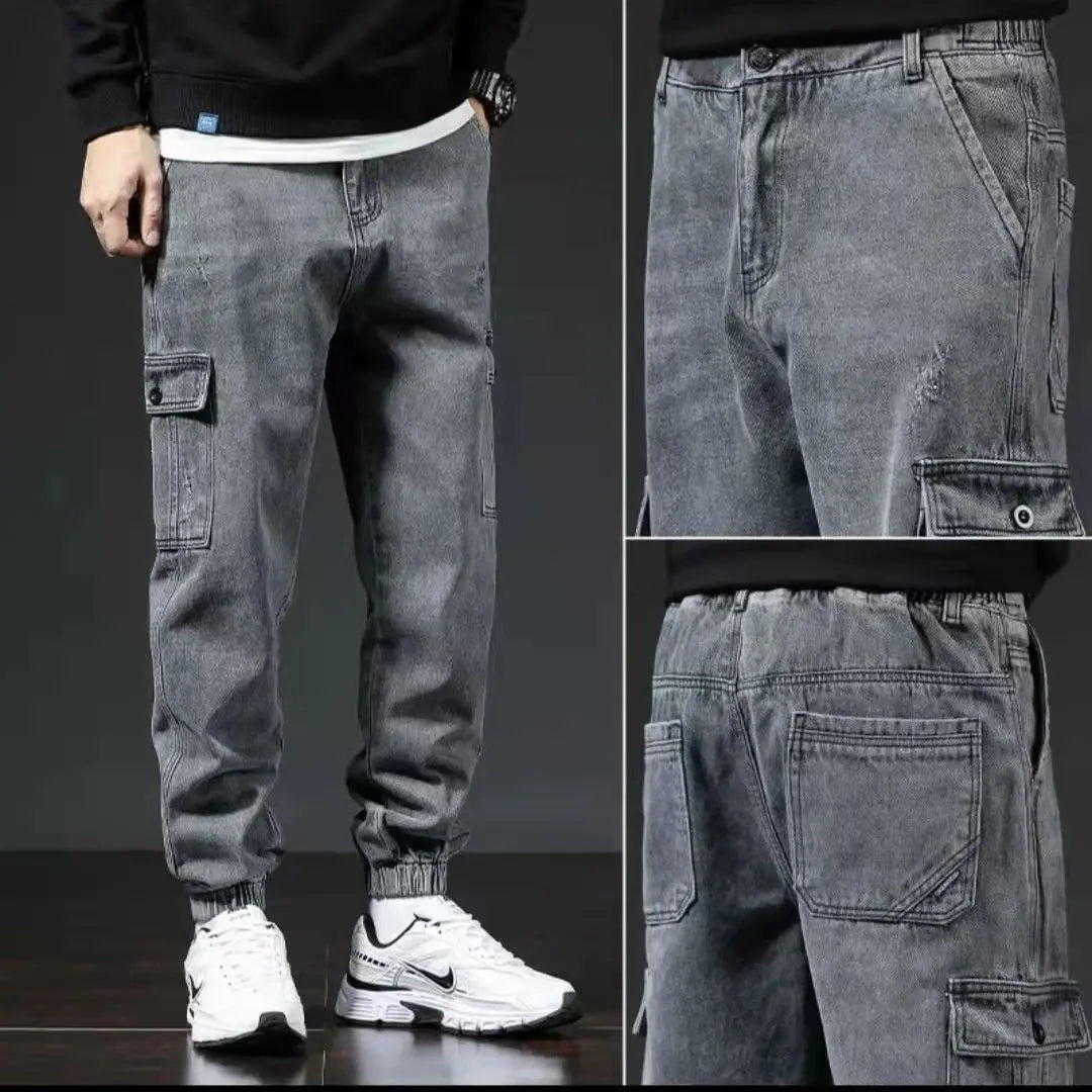 Blue Japanese-style workwear jeans with multiple pockets, ideal for spring and autumn, by Dropshipman.
