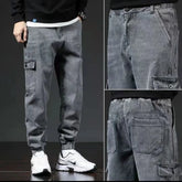 Blue Japanese-style workwear jeans with multiple pockets, ideal for spring and autumn, by Dropshipman.
