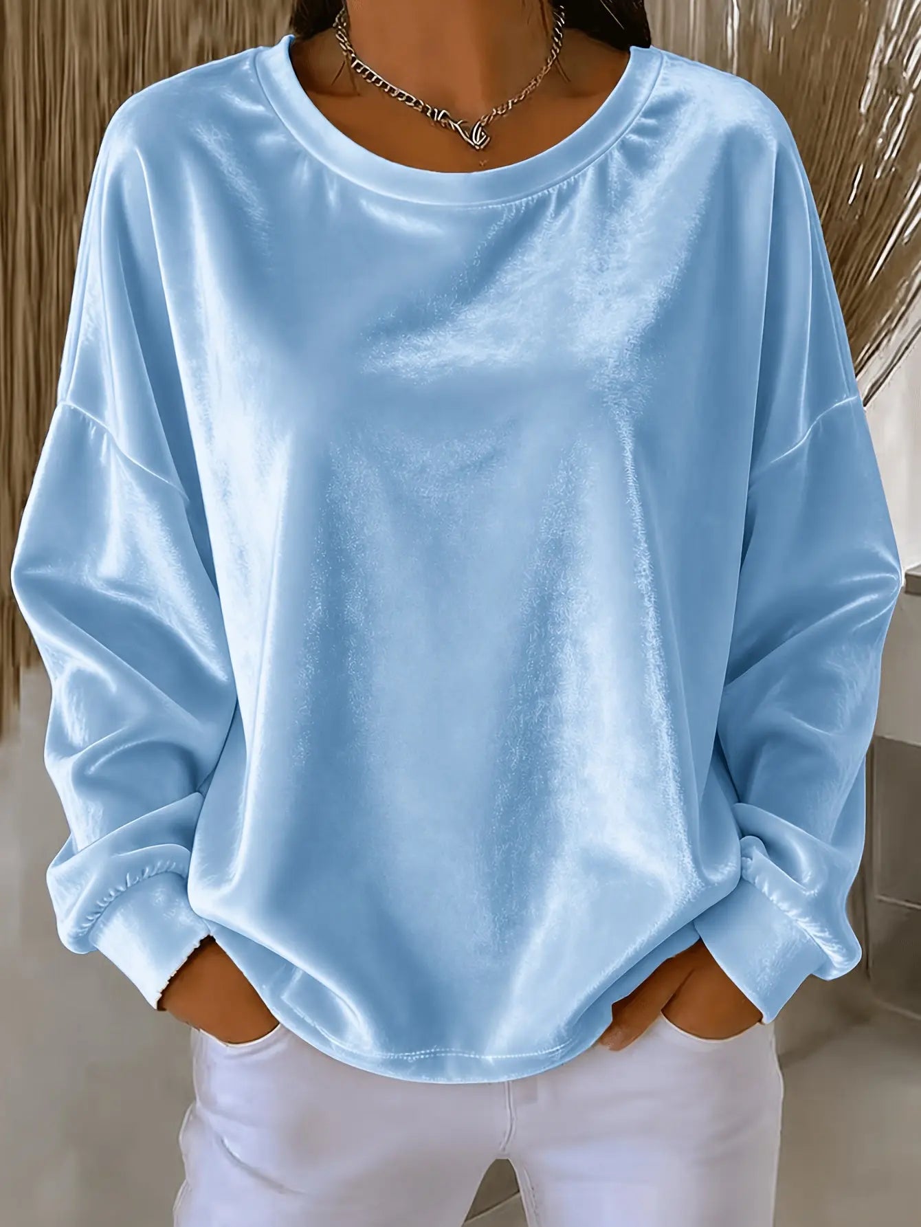 Dropshipman blue casual velvet long-sleeve shirt with round neckline, solid color, perfect for relaxed, stylish outfits.
