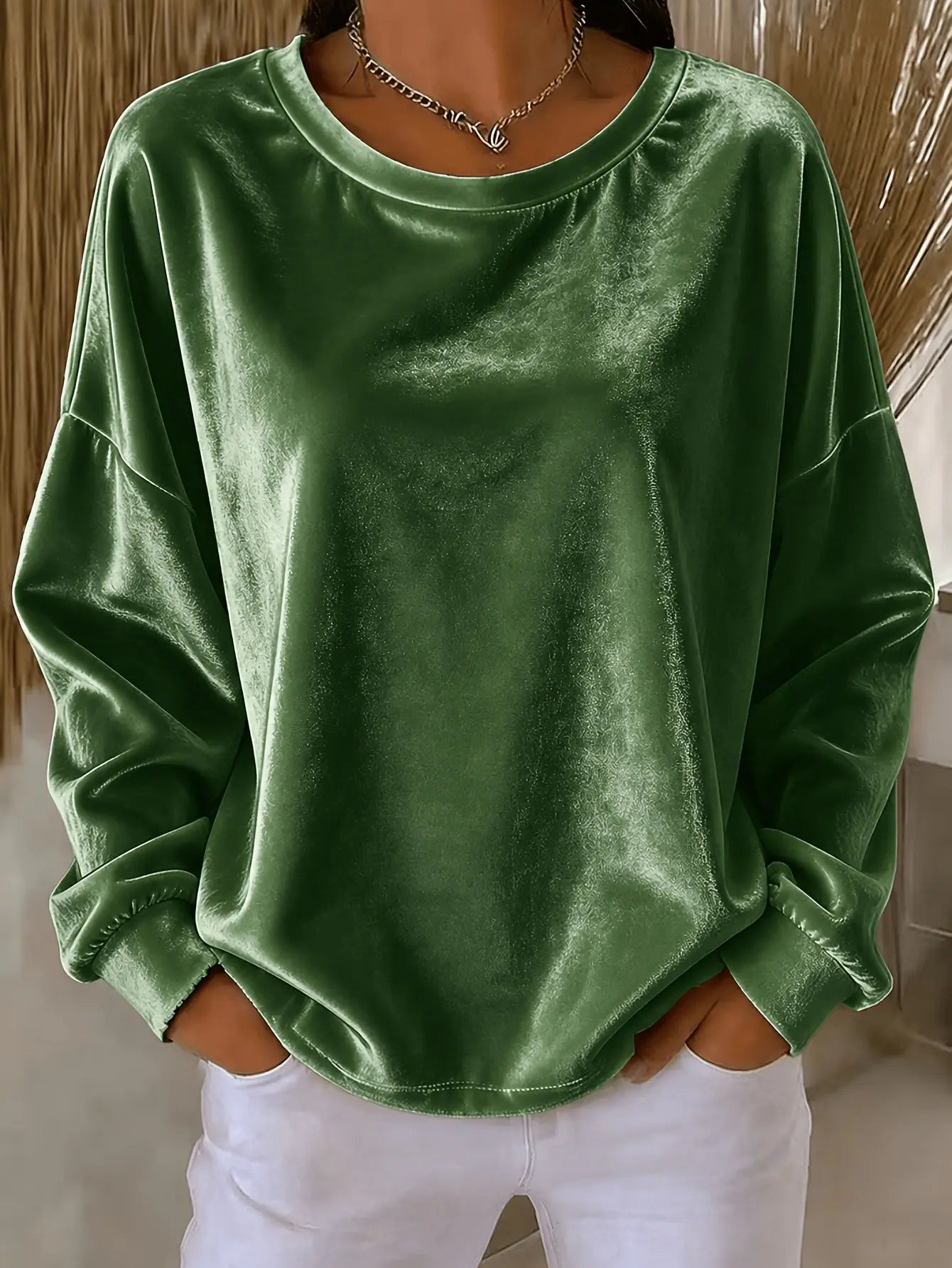 Blue Dropshipman casual long-sleeve velvet shirt with round neck and solid color, suitable for everyday wear.