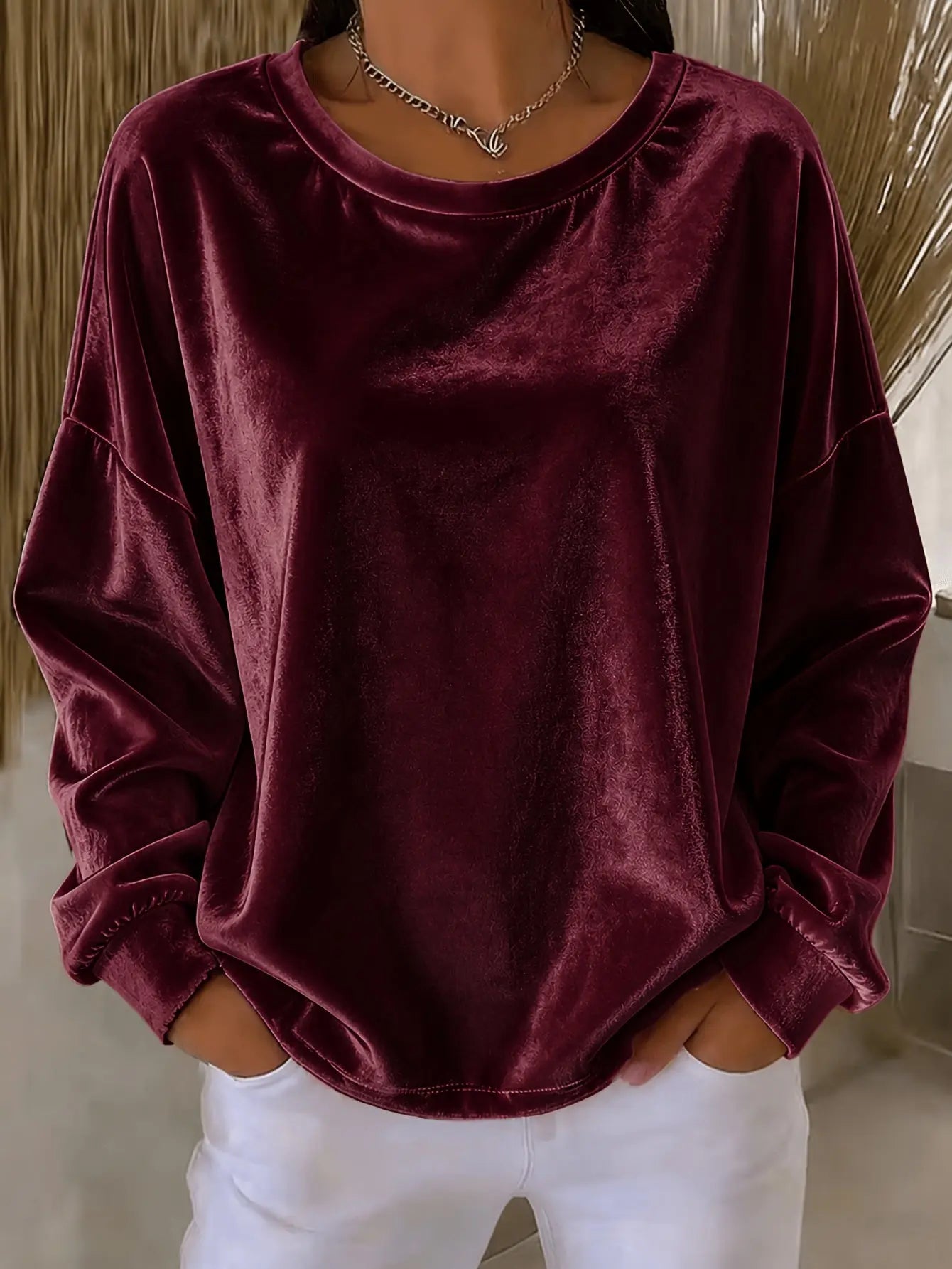 Blue velvet long-sleeve casual shirt with a round neck by Dropshipman, solid color and comfortable fit.