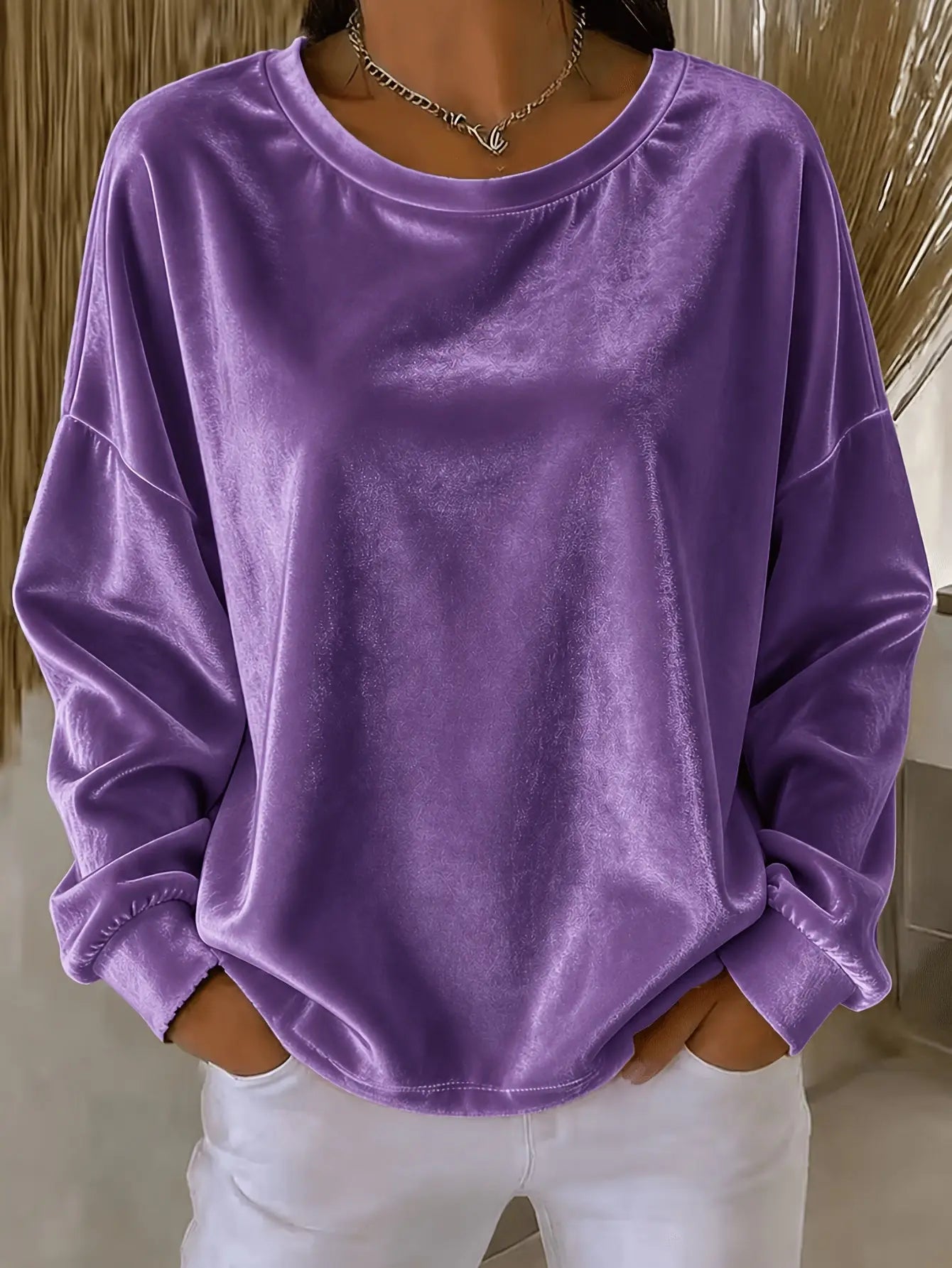 Blue casual velvet long-sleeve shirt with round neckline by Dropshipman, solid color, comfortable and stylish for everyday wear.