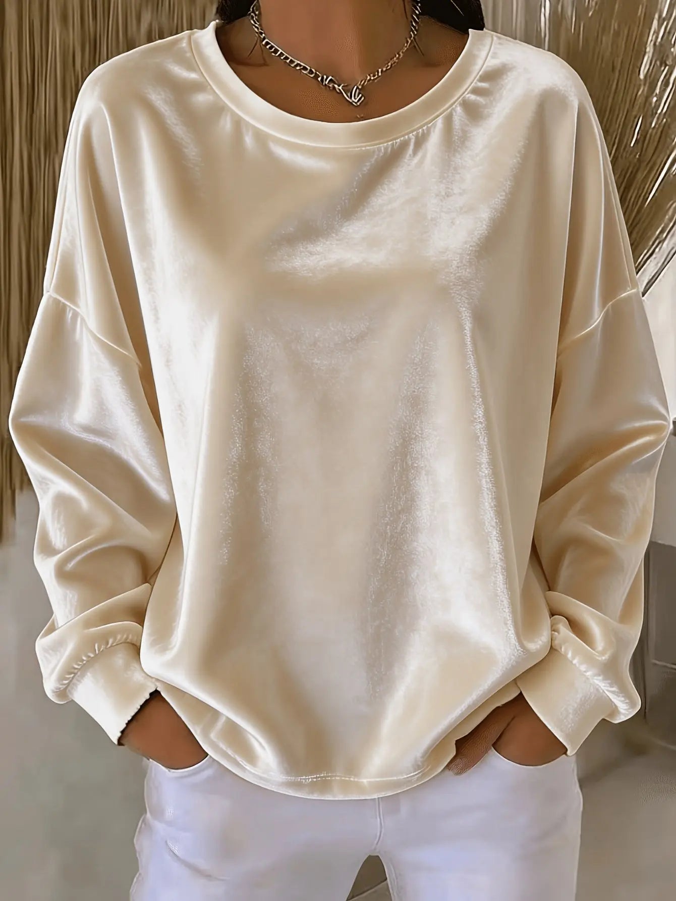 Blue Velvet Solid-color Casual Long-sleeve Shirt by Dropshipman, round-neck design and comfortable fit.