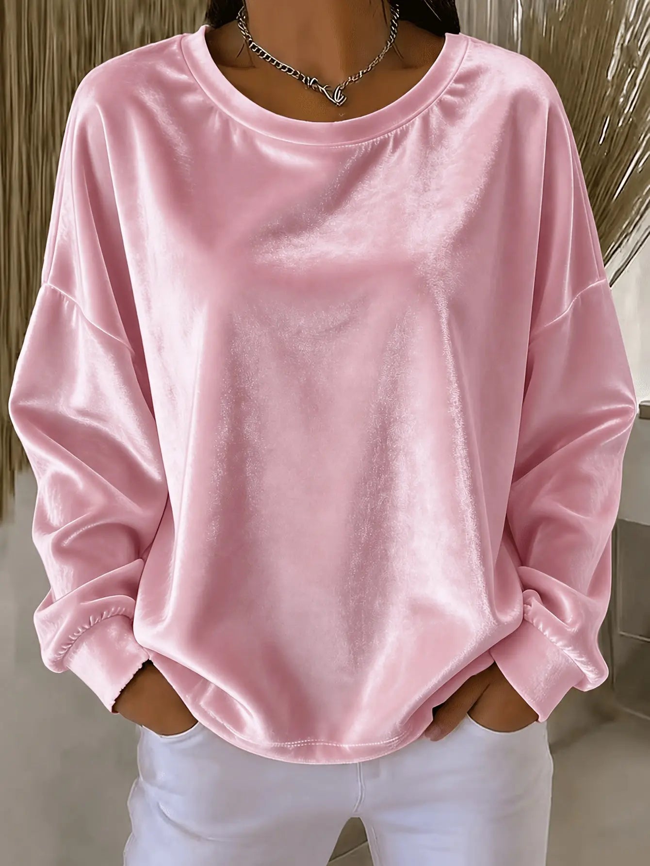 Blue casual long-sleeve velvet shirt with a round neck from Dropshipman, solid color, comfortable and stylish for everyday wear.
