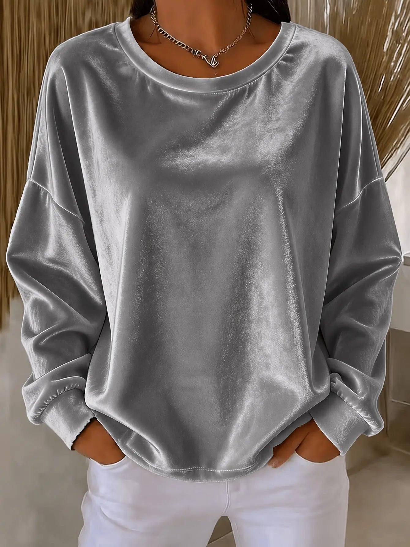 Blue casual long-sleeve velvet shirt with round neckline from Dropshipman, solid color and comfortable fit.