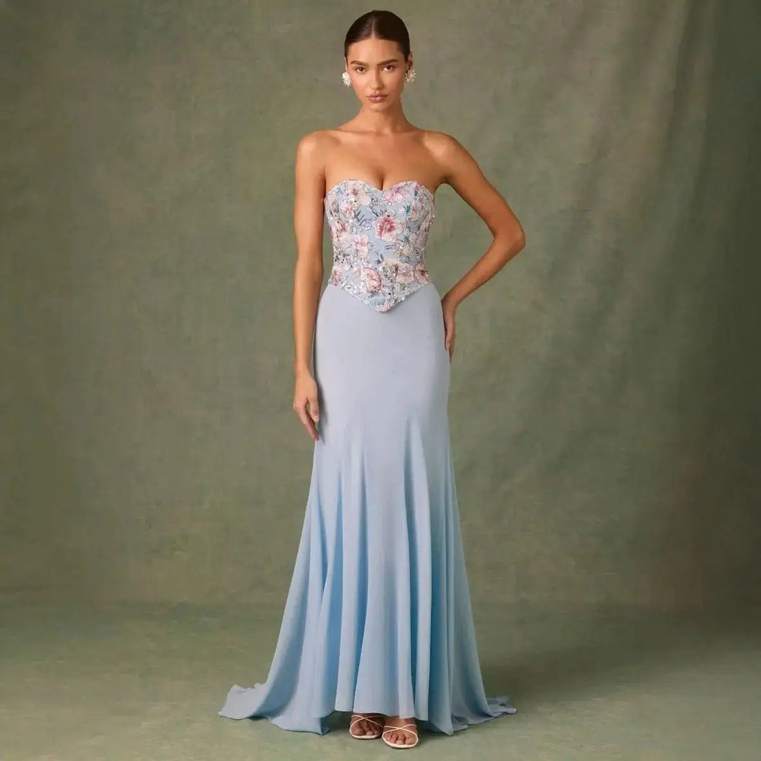 Embellished Corset Fishtail Gown In Floral Blue by Dropshipman