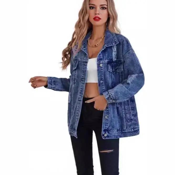 Fashionable Loose-fit Distressed Denim Jacket by Dropshipman