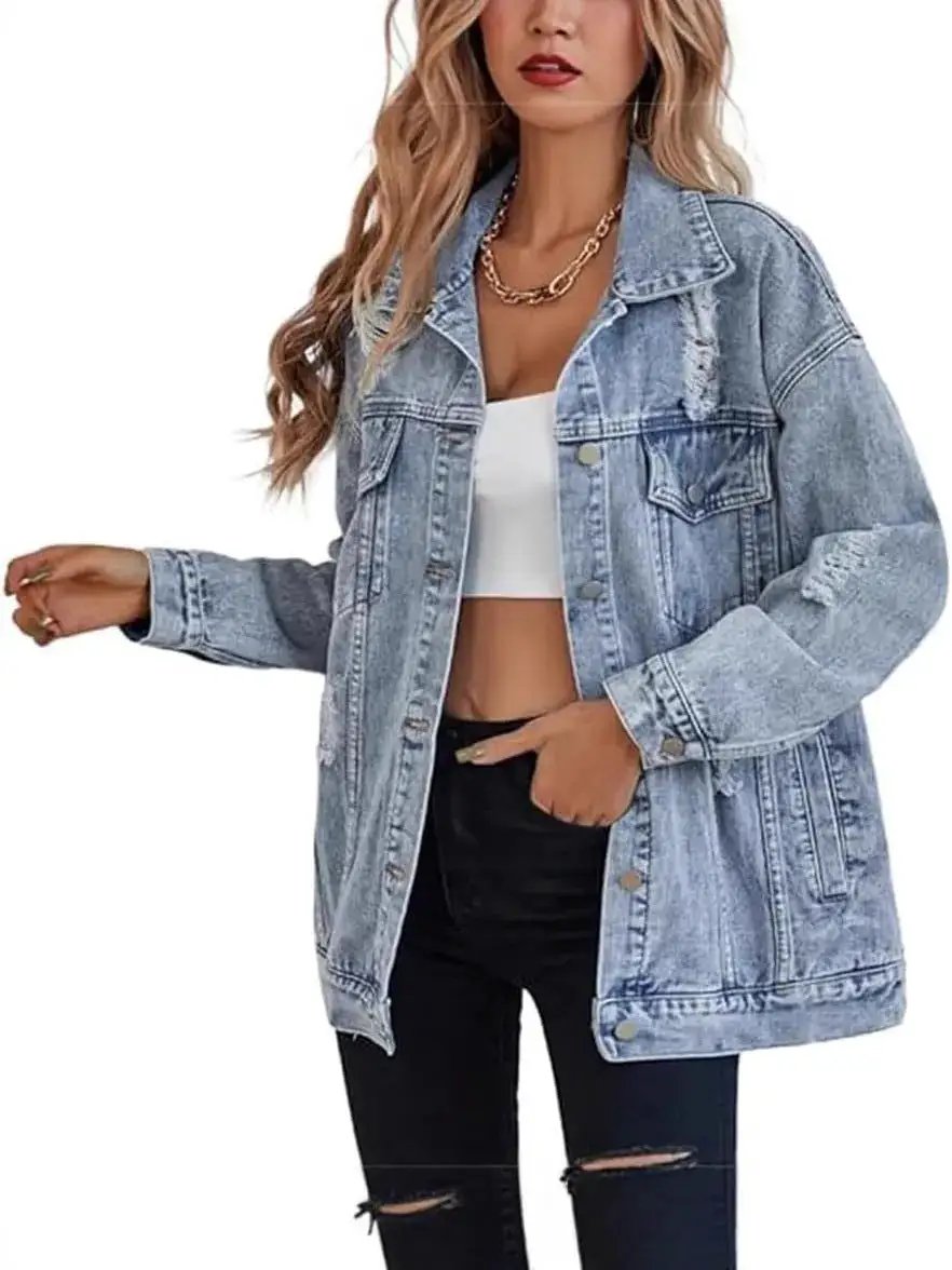 Fashionable Loose-fit Distressed Denim Jacket by Dropshipman