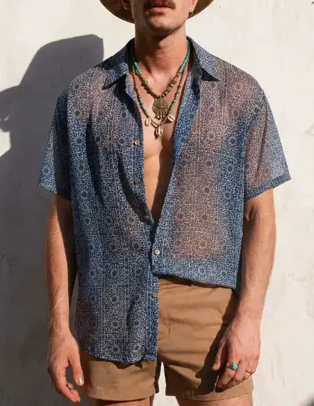 Moroccan Tile Print Sheer Short Sleeve Shirt by Dropshipman