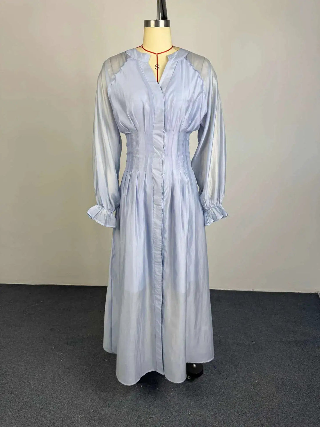 Puff Long Sleeve Gathered Waist Button Front Flowy Dress by Dropshipman