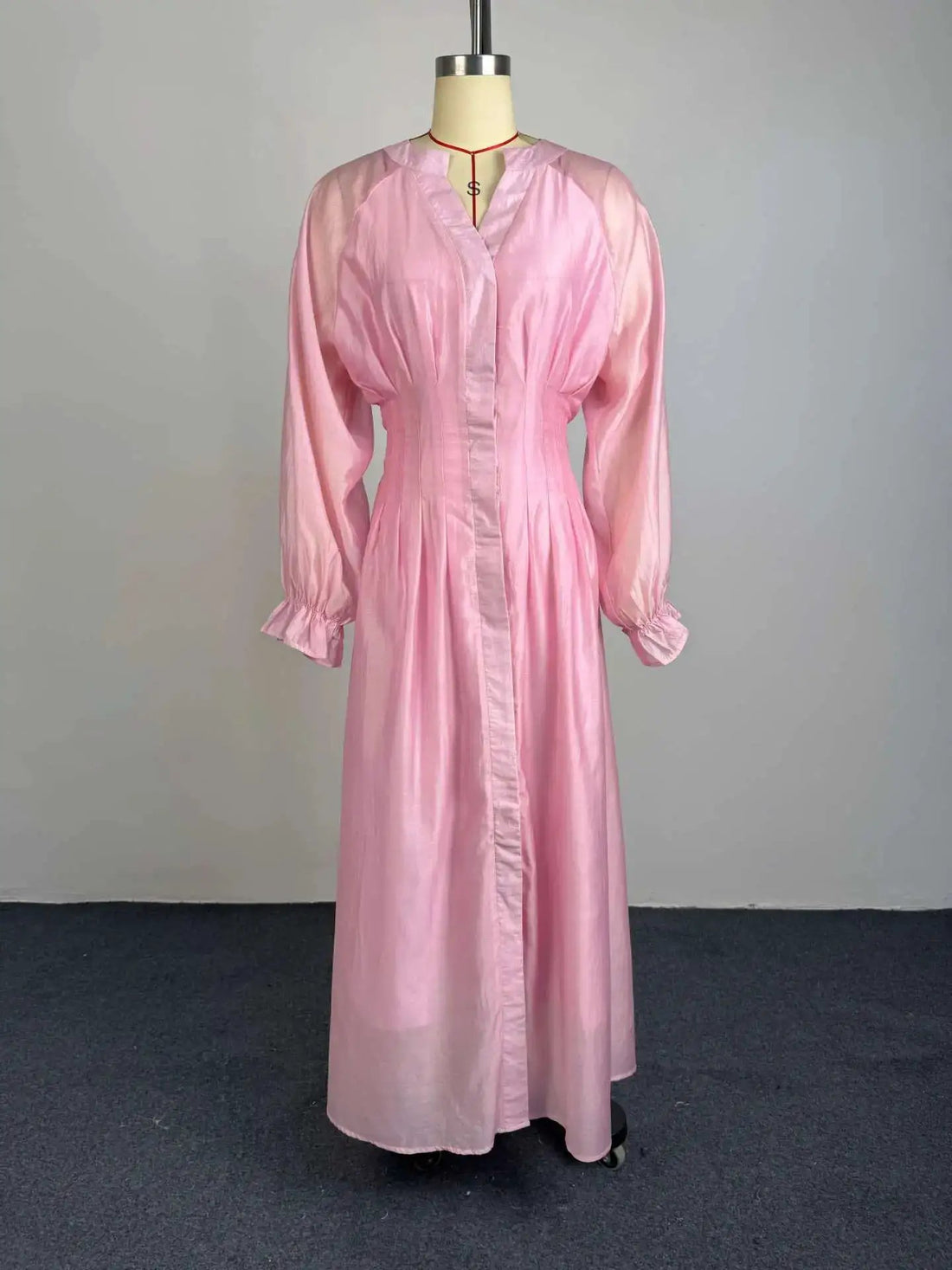 Puff Long Sleeve Gathered Waist Button Front Flowy Dress by Dropshipman