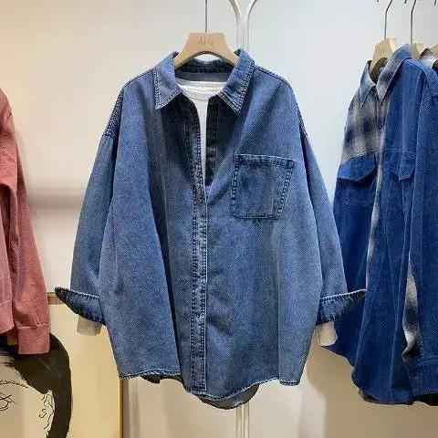 Spring And Autumn Vintage Hong Kong Style Blue Denim Shirt