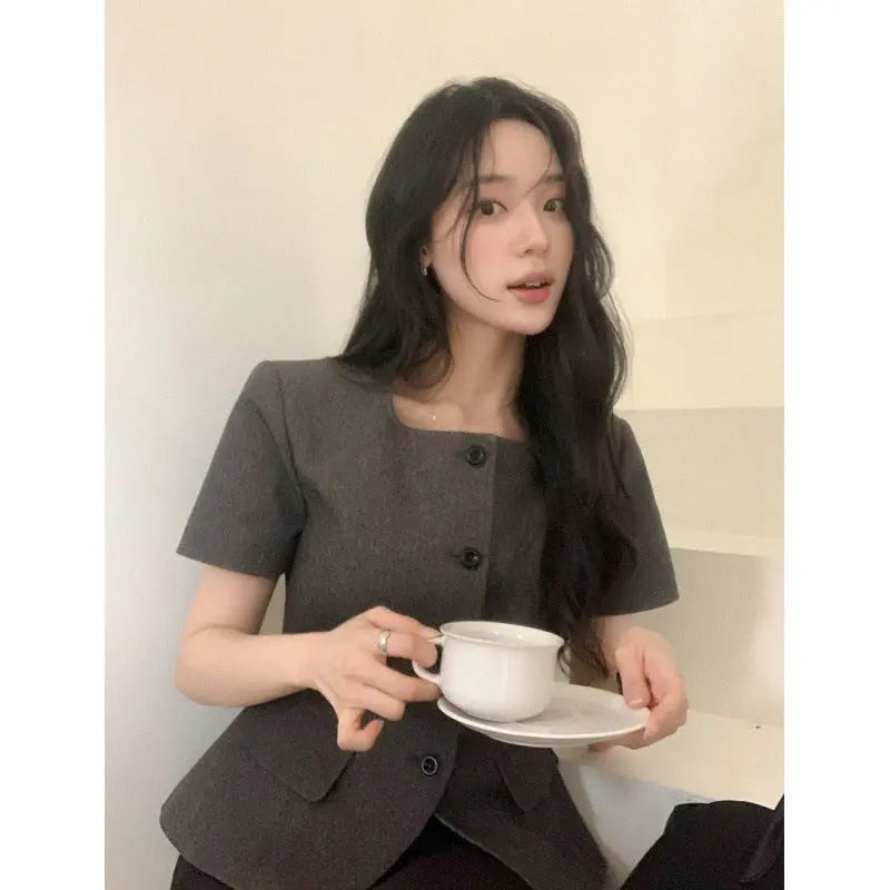 Elegant retro-chic brown and gray square-neck waist-cinching short-sleeve jacket by Dropshipman, styled with a classic fit.