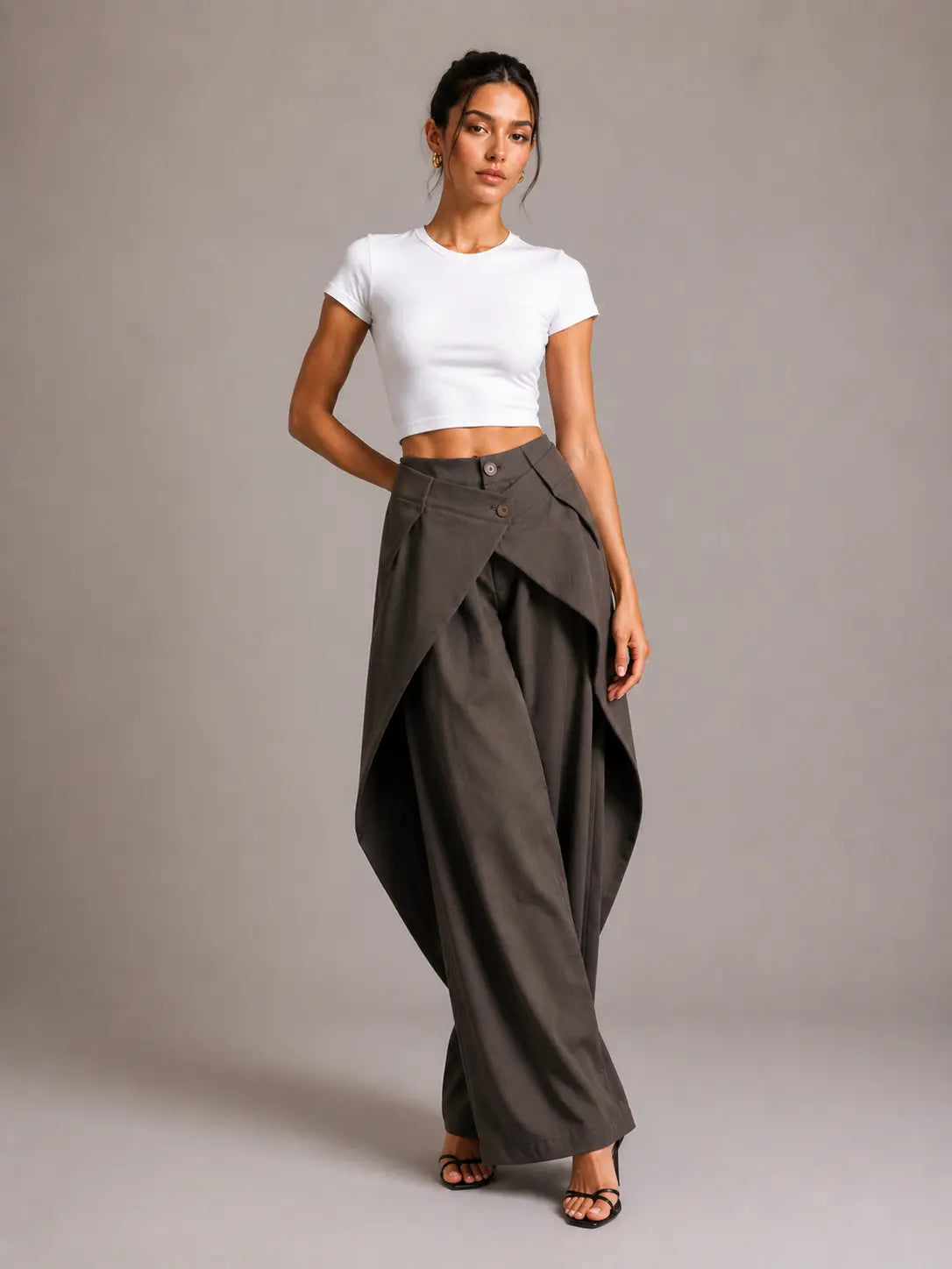 Brown asymmetric crossover fold waist deconstructed wide-leg tailored pants by Dropshipman, showcasing a modern, stylish design.
