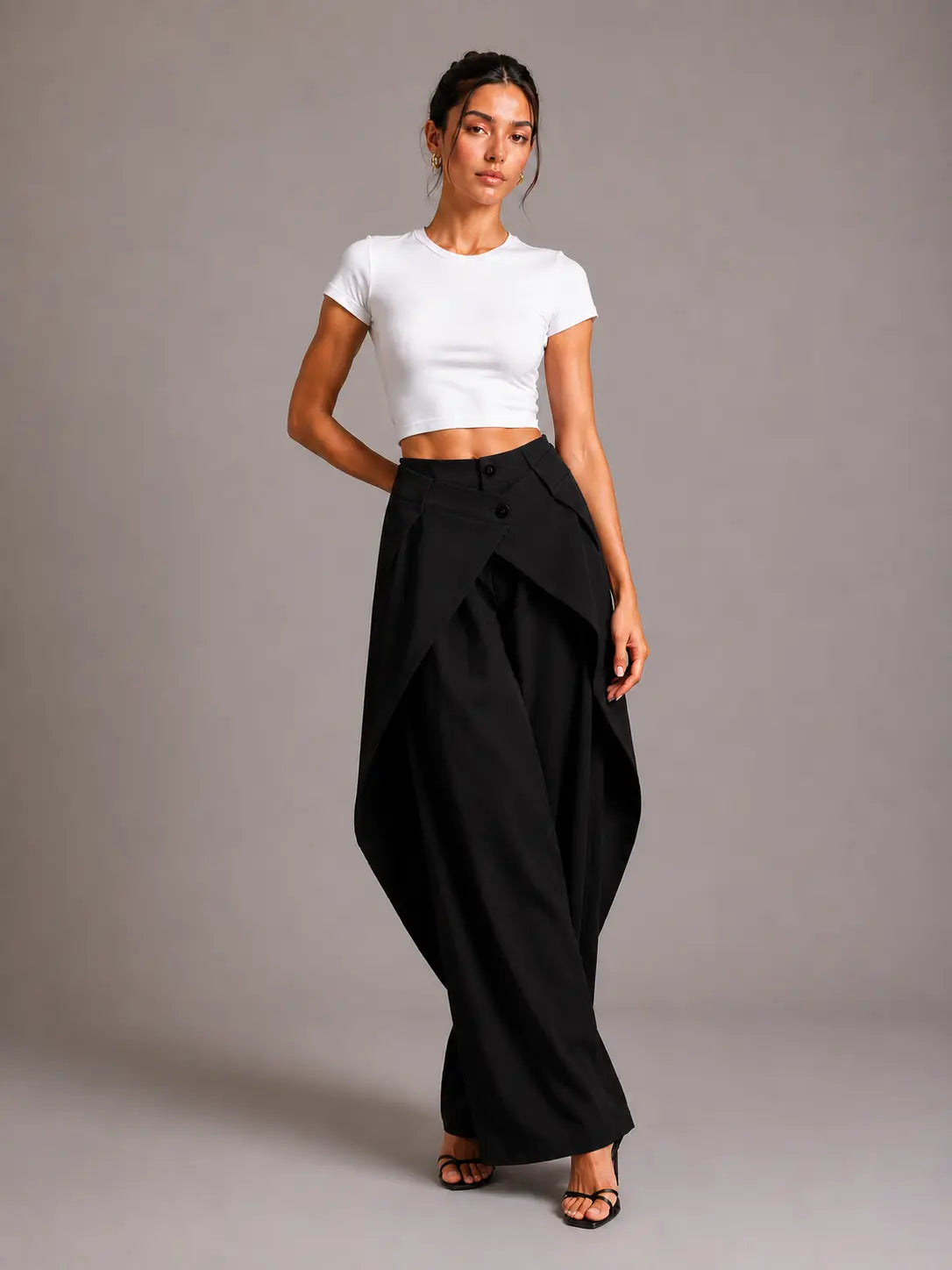 Brown asymmetric crossover fold waist deconstructed wide-leg tailored pants by Dropshipman, featuring a modern, stylish design.