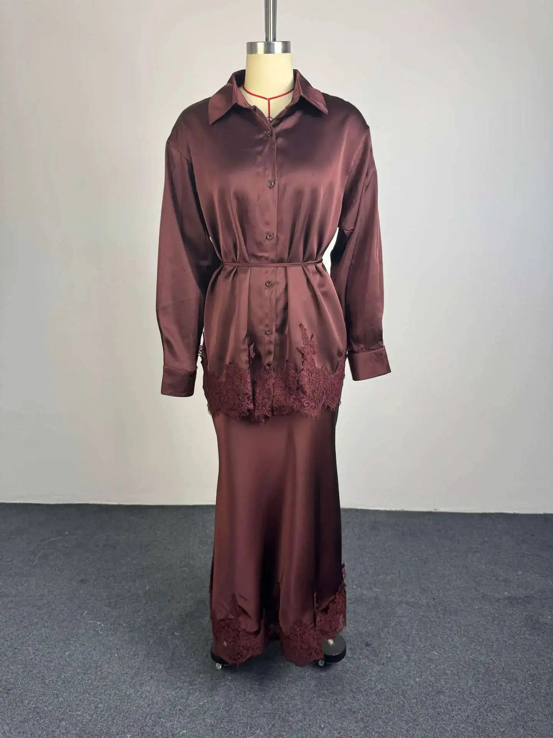 Gloss Satin Collared Lace Hem Shirt &amp; Maxi Skirt 2 Piece Matching Co-ord Set by Dropshipman