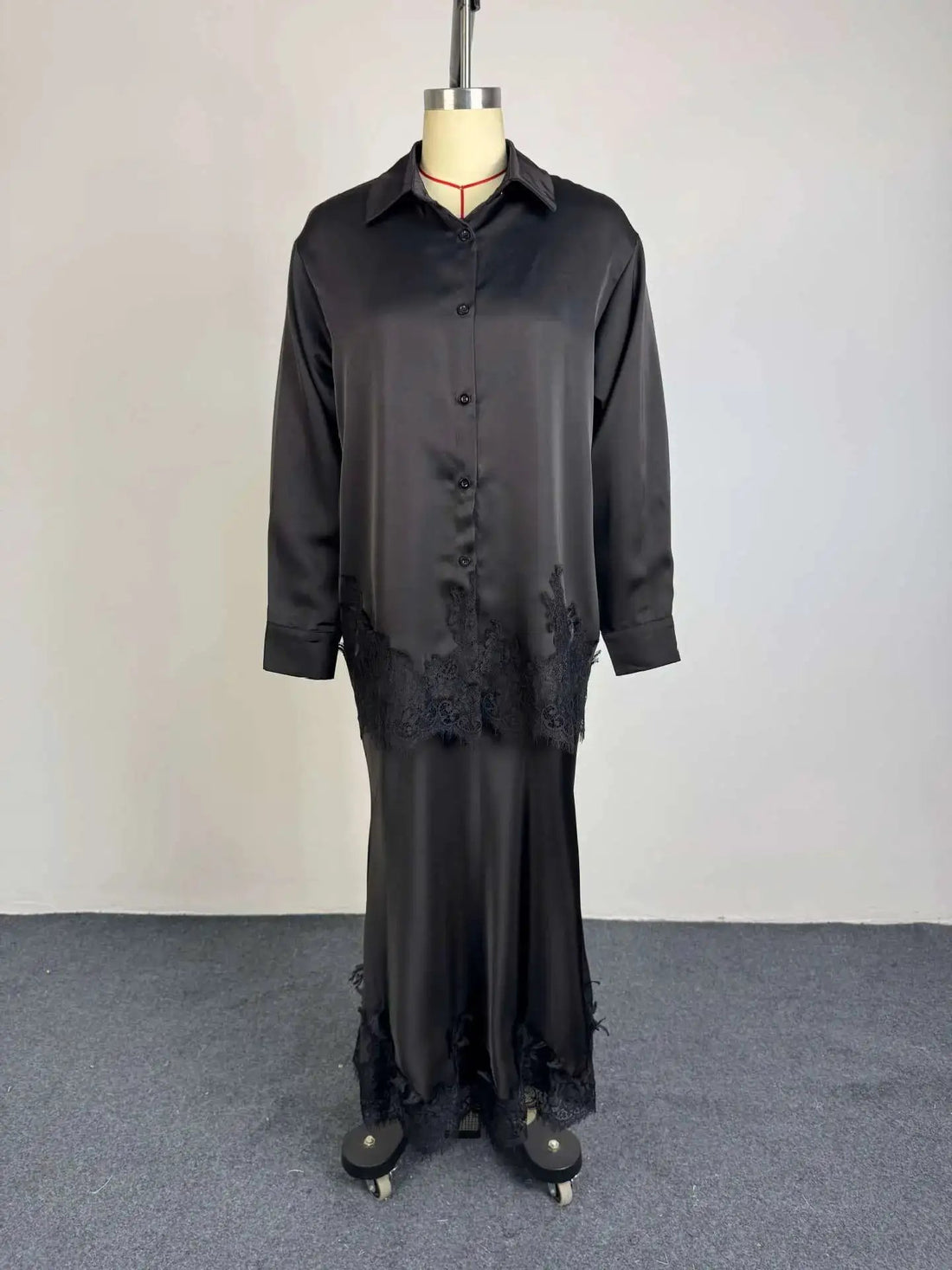 Gloss Satin Collared Lace Hem Shirt &amp; Maxi Skirt 2 Piece Matching Co-ord Set by Dropshipman