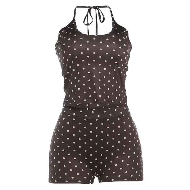 Halterneck Off-Shoulder Top With Polka-Dot Print And Low-Rise Shorts Set
