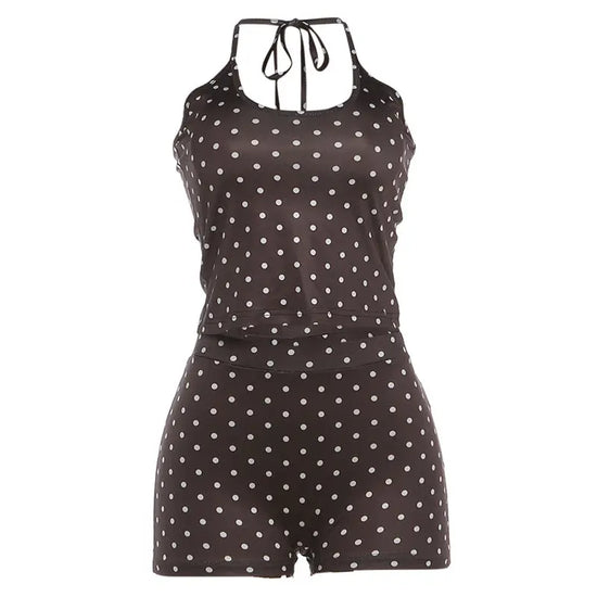 Brown halterneck off-shoulder top with polka-dot print and matching low-rise shorts set by Dropshipman.