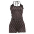 Brown halterneck off-shoulder top with polka-dot print and matching low-rise shorts set by Dropshipman.