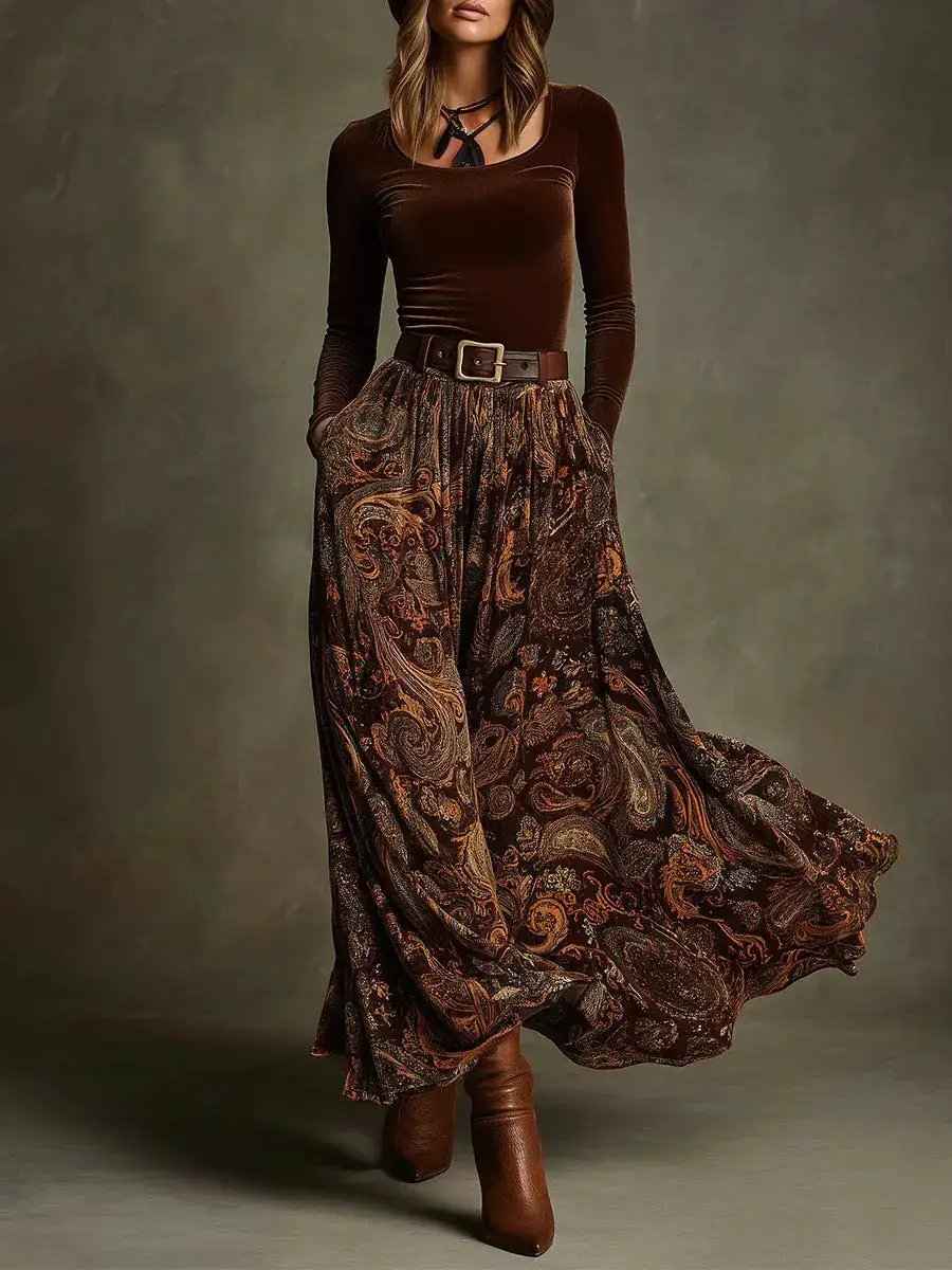 Vintage Velvet Two-Piece Maxi Dress - Square Neck Long Sleeve Top &amp; Paisley Print Flowy Skirt Set With Belt