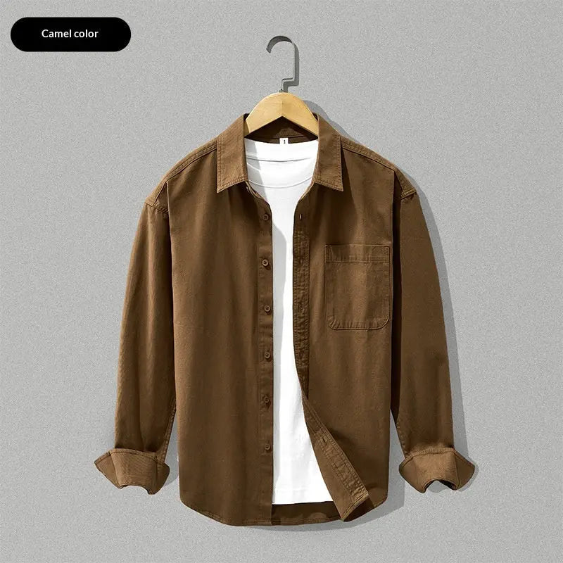 Camel-colored loose-fitting cotton long-sleeve shirt by Dropshipman, relaxed fit with a versatile style for casual wear.
