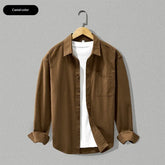 Camel-colored loose-fitting cotton long-sleeve shirt by Dropshipman, relaxed fit with a versatile style for casual wear.