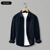 Loose-fitting camel long-sleeve cotton shirt by Dropshipman, shown on a model with button-up front and casual style.