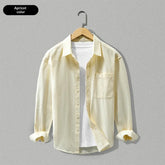 Loose-fitting camel long-sleeve cotton shirt by Dropshipman, shown on a model with casual styling.