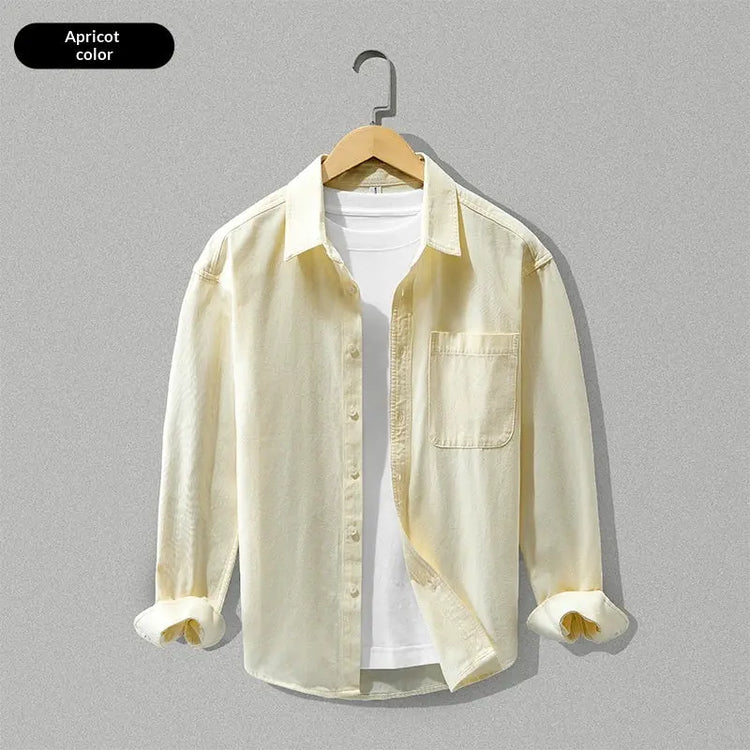 Loose-fitting camel long-sleeve cotton shirt by Dropshipman, shown on a model with casual styling.