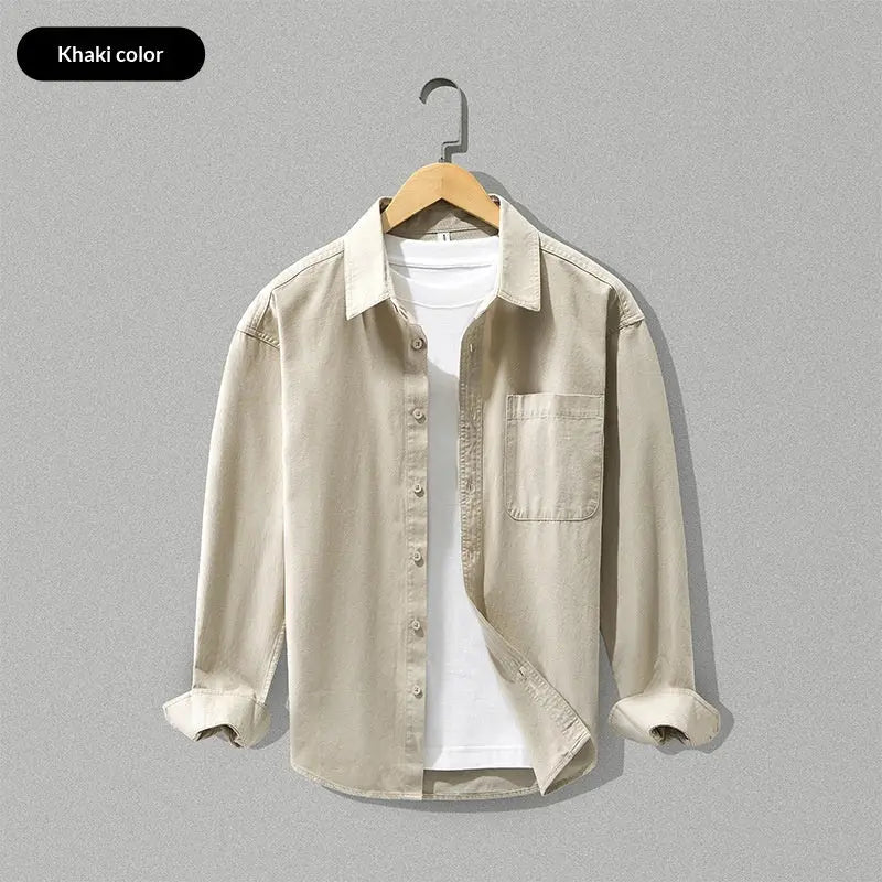 Camel-colored loose-fitting long-sleeve cotton shirt by Dropshipman, shown flat with a relaxed fit and versatile style.