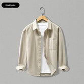 Camel-colored loose-fitting long-sleeve cotton shirt by Dropshipman, shown flat with a relaxed fit and versatile style.