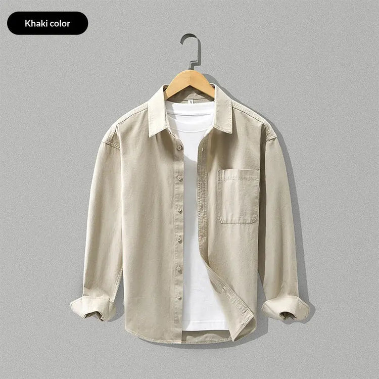 Camel-colored loose-fitting long-sleeve cotton shirt by Dropshipman, shown flat with a relaxed fit and versatile style.