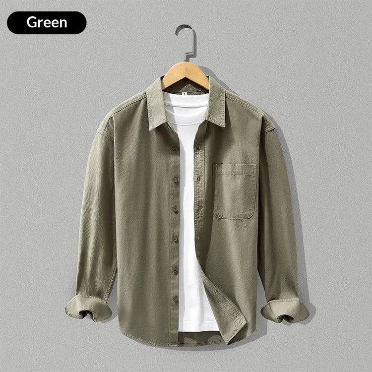 Loose-fitting camel long-sleeve cotton shirt by Dropshipman, shown in a casual, versatile style with a relaxed fit.