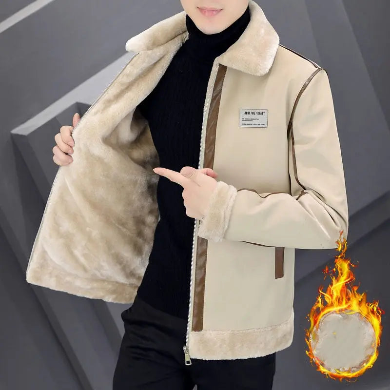Creamy white men's warm coat with velvet, thickened suede leather, cotton padding, and integrated fur for winter warmth.