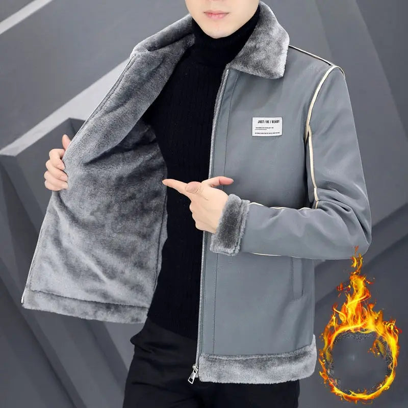 Creamy white men's warm coat with velvet, thick suede leather, cotton padding, and integrated fur for winter warmth.