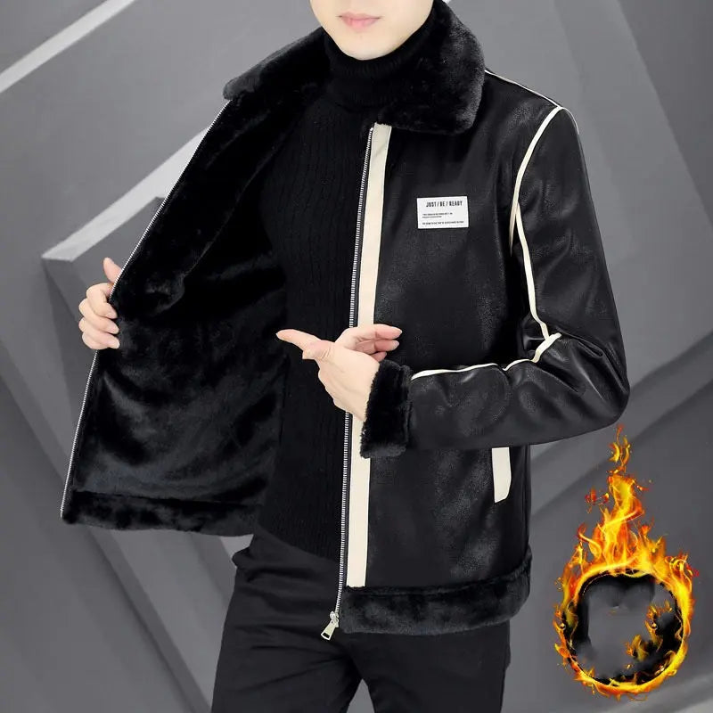 Creamy white men's warm coat with velvet and suede leather, cotton padding, and integrated fur for added insulation.