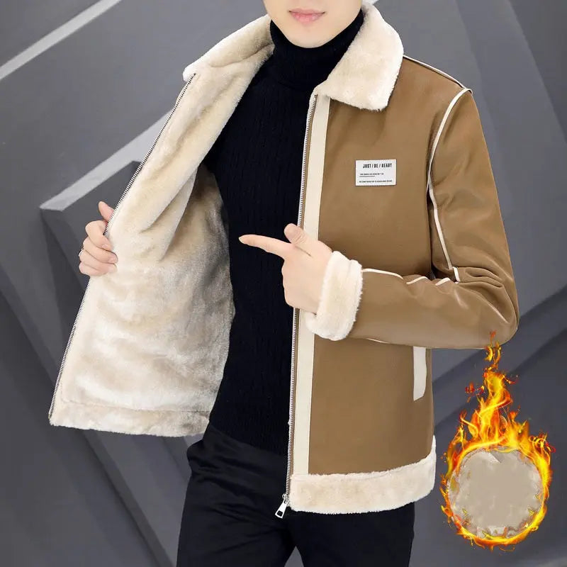 Creamy white men's warm coat with velvet, thickened suede leather, cotton padding, and integrated fur for winter warmth.