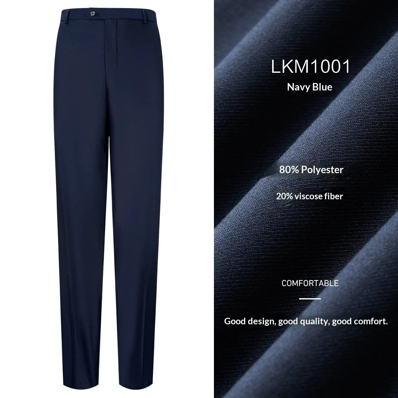 Dark blue mens dress pants by Dropshipman, drapey fabric, suitable for business casual and formal wear, shown on a model