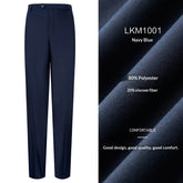 Dark blue mens dress pants by Dropshipman, drapey fabric, suitable for business casual and formal wear, shown on a model