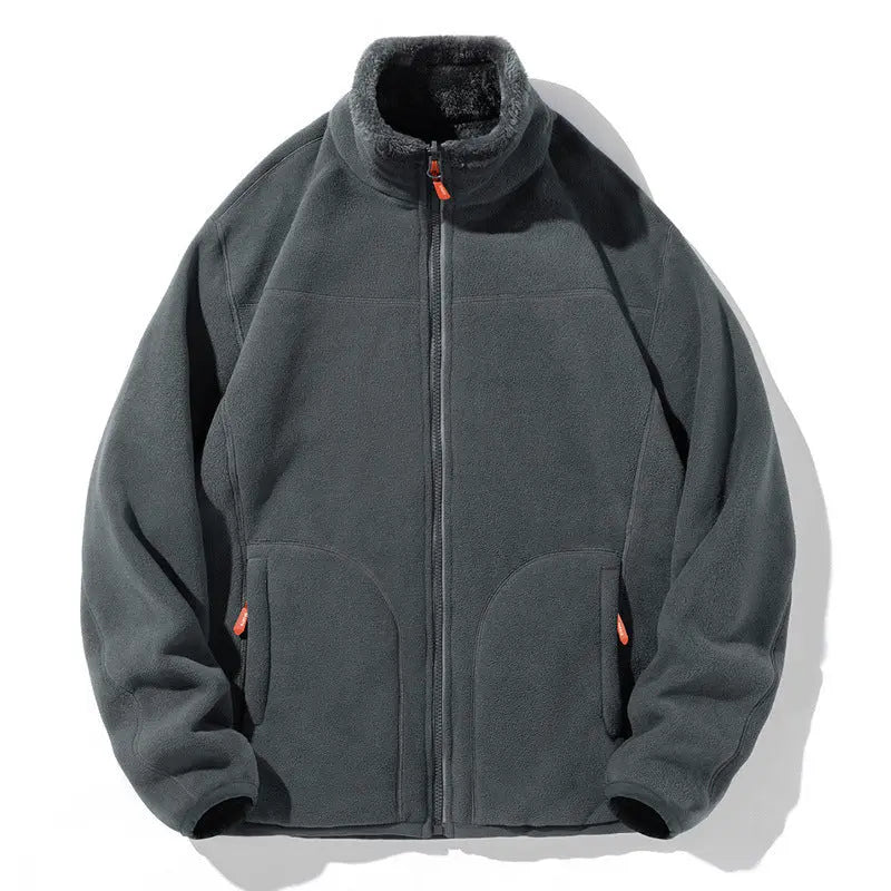 Dark gray double-sided fleece jacket by Dropshipman featuring coral and polar fleece for warmth and comfort.