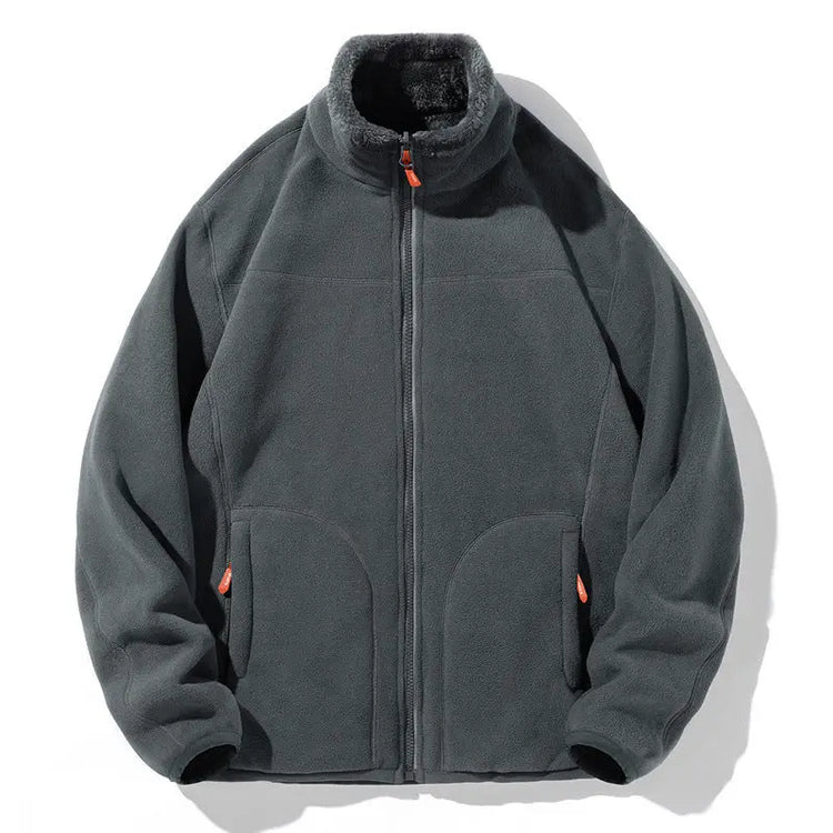 Dark gray double-sided fleece jacket by Dropshipman featuring coral and polar fleece for warmth and comfort.