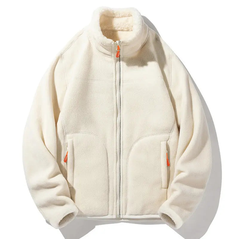 Dark gray double-sided coral fleece and polar fleece jacket by Dropshipman, showing the soft, cozy fabric and stylish design.
