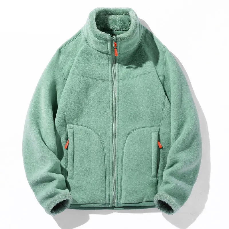 Dark gray double-sided fleece jacket by Dropshipman featuring coral fleece and polar fleece for warmth.