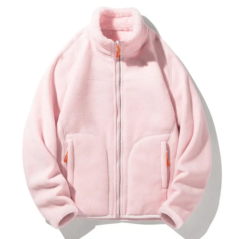 Dark gray double-sided coral fleece and polar fleece jacket by Dropshipman, showing the cozy, plush fabric on both sides.