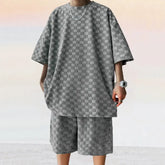 Dark gray jacquard plaid casual shorts suit with loose straight fit from Dropshipman, perfect for relaxed everyday wear.
